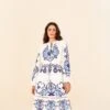 Farm Rio Off-White Navy Embroidered Midi Dress