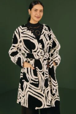 Farm Rio Black And White Wild Hearts Fleece Coat