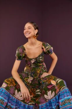 Farm Rio Green Wild Jungle Corset Midi Dress