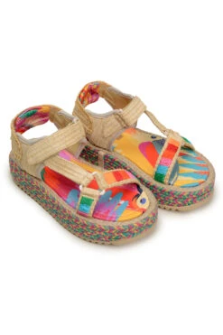 Perfect Top Shop 56 COLORFUL TOUCANS FLATFORM RAFFIA VELCRO SANDAL