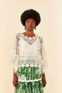 Farm Rio Off-White Morada Boa Guipire Blouse