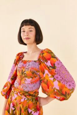 Farm Rio Lilac Mango Macaws Blouse