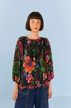 Farm Rio Black Blooming Garden Blouse