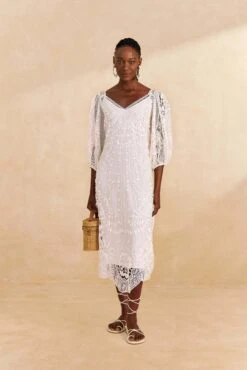 Farm Rio Off-White Guipure Midi Dress