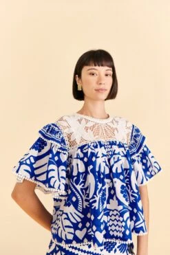 Farm Rio Navy Blue Jungle Scarf Blouse