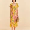 Farm Rio Yellow Macaw Bloom Puff-Sleeve Midi Dress -Perfect Top Shop 309293 01