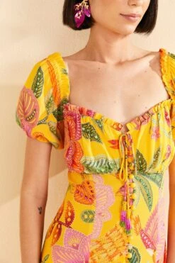 Farm Rio Yellow Macaw Bloom Puff-Sleeve Midi Dress -Perfect Top Shop 309293 03