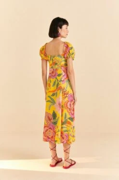 Farm Rio Yellow Macaw Bloom Puff-Sleeve Midi Dress -Perfect Top Shop 309293 04