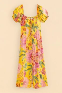 Farm Rio Yellow Macaw Bloom Puff-Sleeve Midi Dress -Perfect Top Shop 309293 06