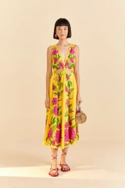 Farm Rio Yellow Romantic Garden Midi Dress