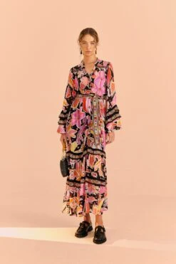 Farm Rio Black Enchanted Nature Midi Dress