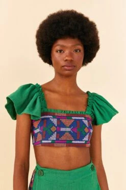 Farm Rio Embroided Green Top