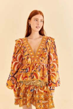 Farm Rio Yellow Palms Party Ruffle Blouse