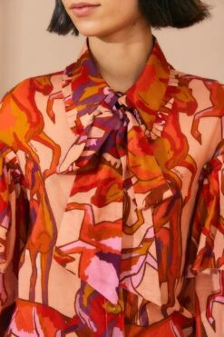 Farm Rio Rose Wild Horses Bow Neck Tie Blouse -Perfect Top Shop 312022 03