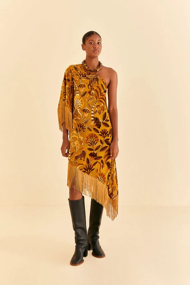 Farm Rio Golden Yellow Velvet One Shoulder Fringe Dress 3 Farm Rio Golden Yellow Velvet One Shoulder Fringe Dress
