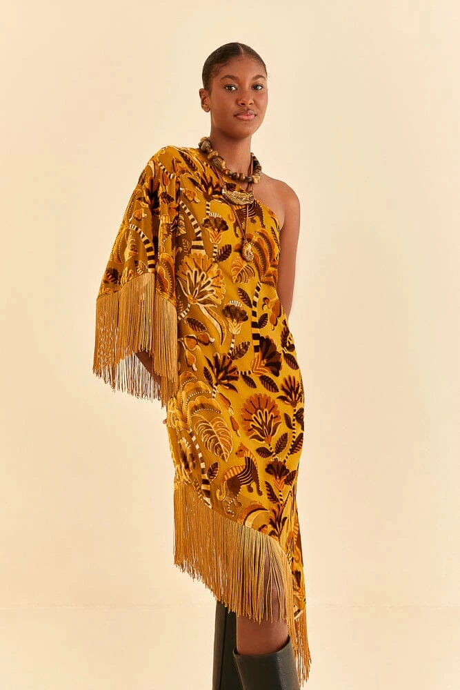 Farm Rio Golden Yellow Velvet One Shoulder Fringe Dress 4 Farm Rio Golden Yellow Velvet One Shoulder Fringe Dress - Image 2