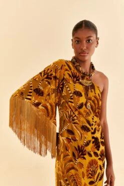 Farm Rio Golden Yellow Velvet One Shoulder Fringe Dress 10 Farm Rio Golden Yellow Velvet One Shoulder Fringe Dress -Perfect Top Shop 312168 03