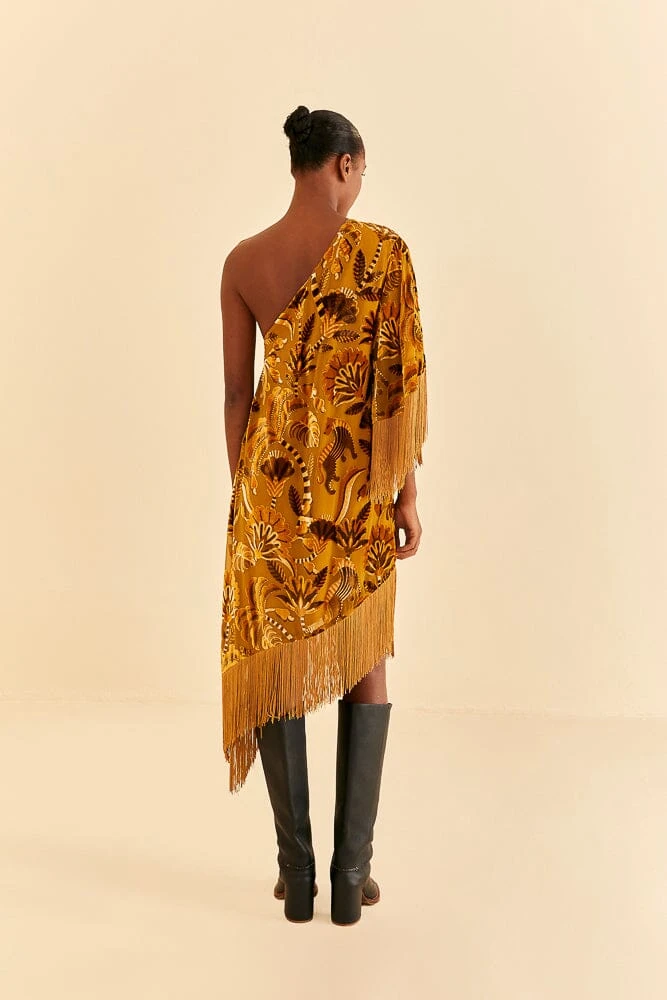 Farm Rio Golden Yellow Velvet One Shoulder Fringe Dress 6 Farm Rio Golden Yellow Velvet One Shoulder Fringe Dress - Image 4