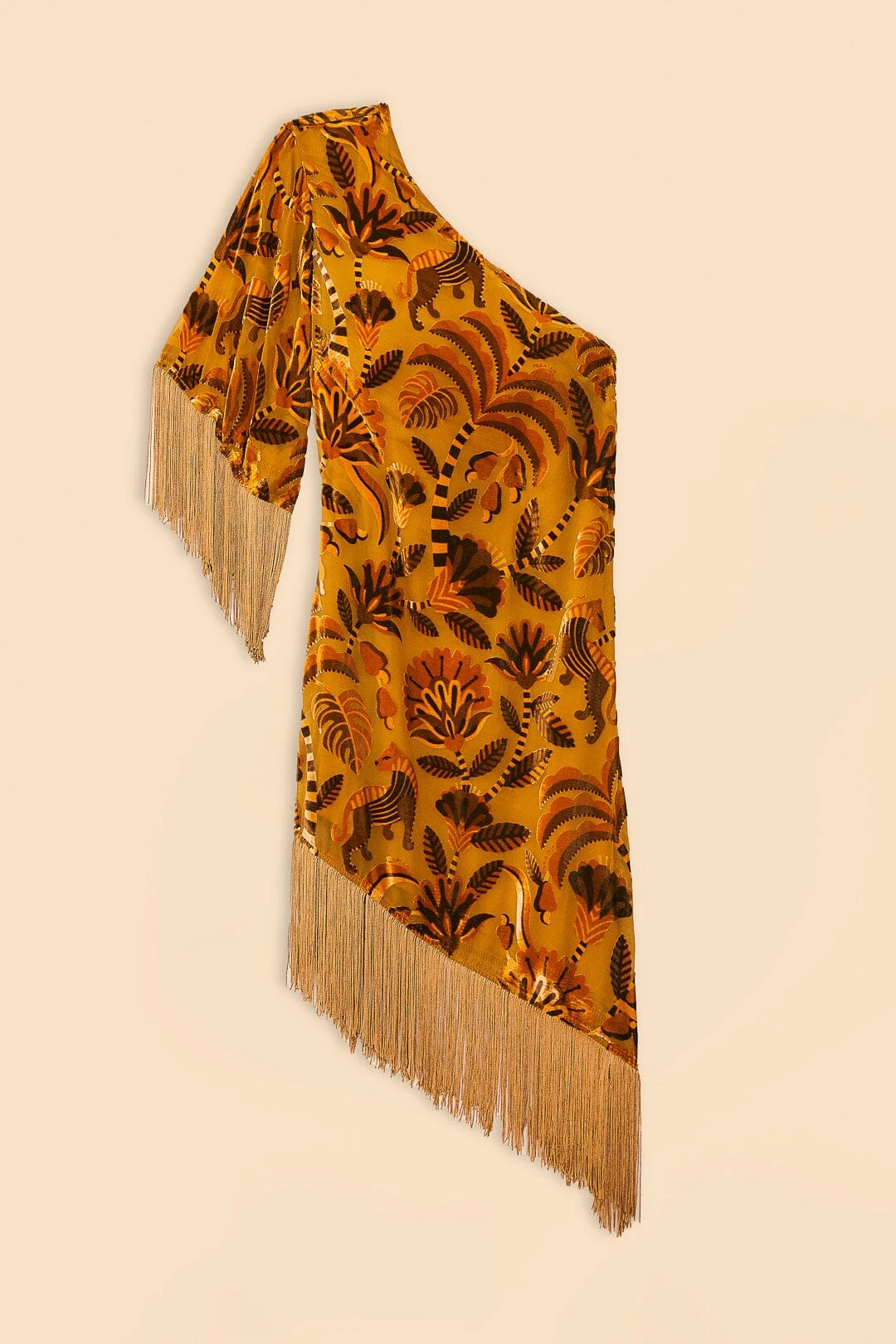 Farm Rio Golden Yellow Velvet One Shoulder Fringe Dress 8 Farm Rio Golden Yellow Velvet One Shoulder Fringe Dress - Image 6