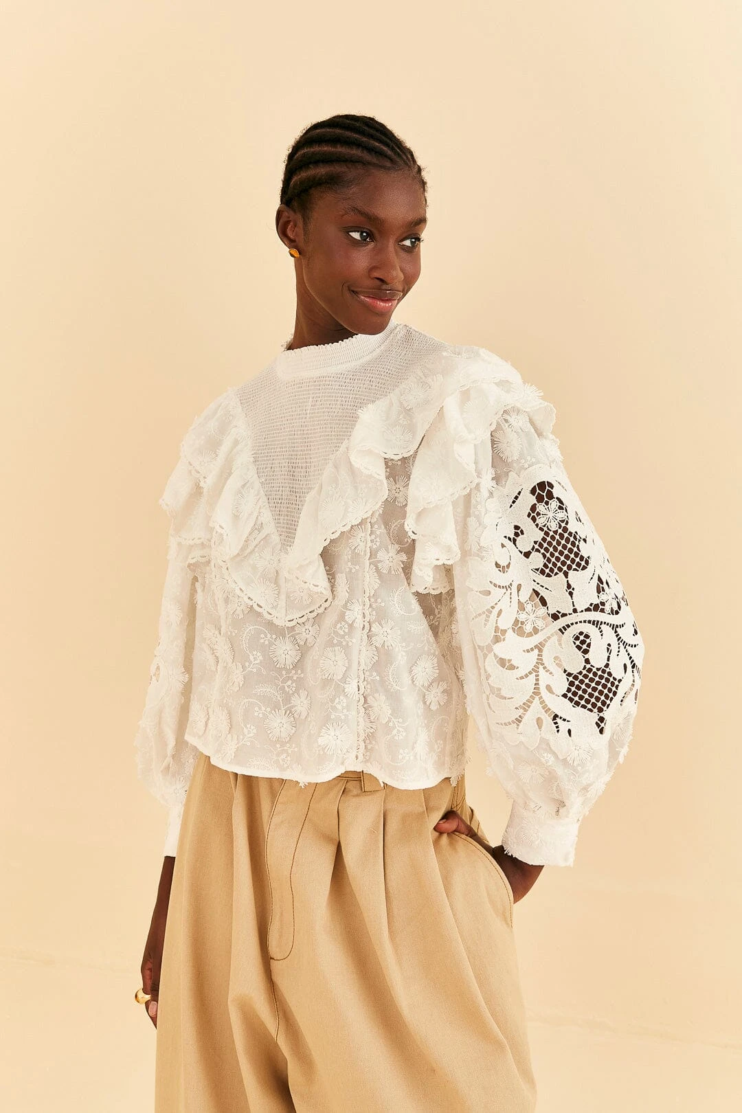 Farm Rio Off-White Smocked Yoke 3d Flower Blouse 3 Farm Rio Off-White Smocked Yoke 3d Flower Blouse
