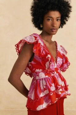 Farm Rio Red Dewdrop Floral Sleeveless Blouse