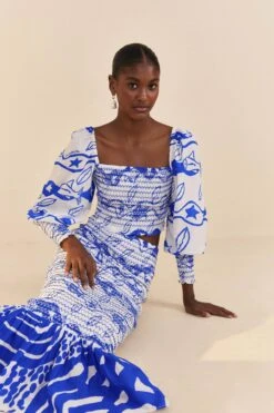 Farm Rio Off-White Pitta Waves Smocked Blouse