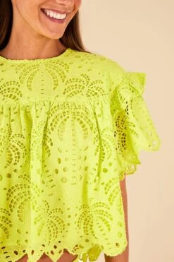 Farm Rio Lime Green Palm Tree Richelieu Blouse -Perfect Top Shop 314472 03