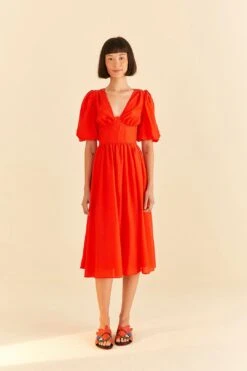 Farm Rio Red Short Sleeves Midi Dress