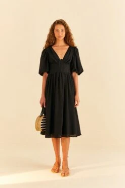 Farm Rio Black Short Sleeves Midi Dress