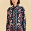 Farm Rio Teal Seashell Tapestry Shirt -Perfect Top Shop 318132 01