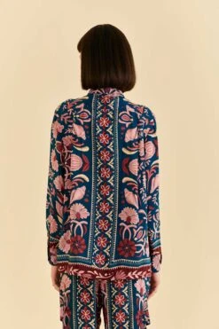 Farm Rio Teal Seashell Tapestry Shirt -Perfect Top Shop 318132 04